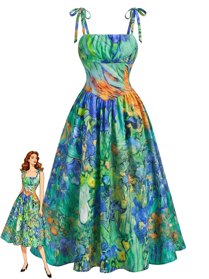 Green Iris Oil Painting Spaghetti Dress 3:4 primary image