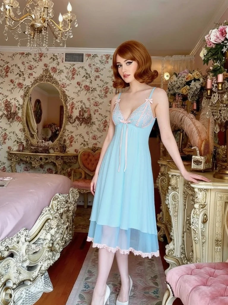 Green Mesh Lace Patchwork Bow Nightdress 3:4 primary image