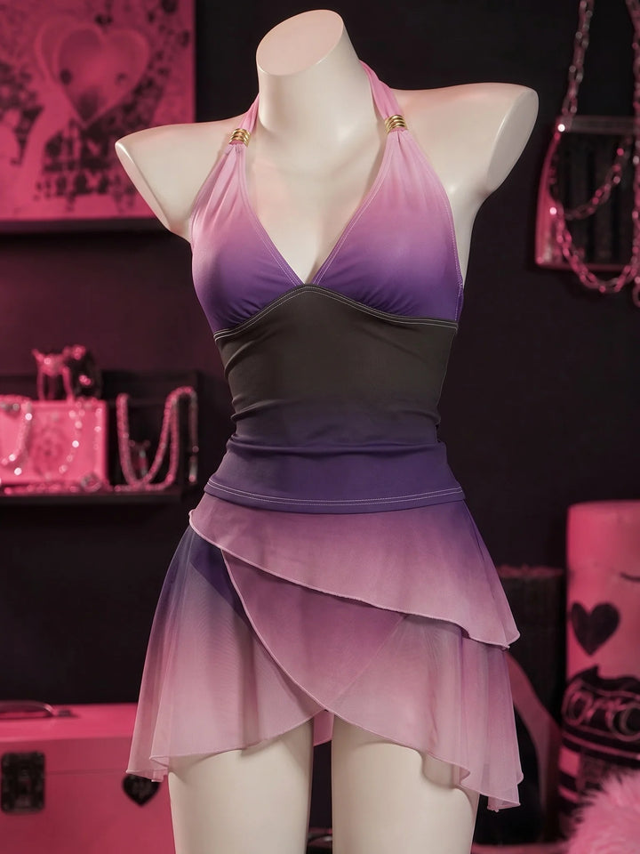 Lavender Halter Ombre Ruched Tankini Set 3:4 primary image
