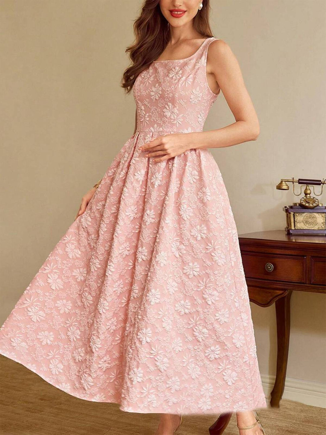 Pink 1930s Floral Jacquard Sleeveless Maxi Dress - vintage dress, retro fashion, rockabilly