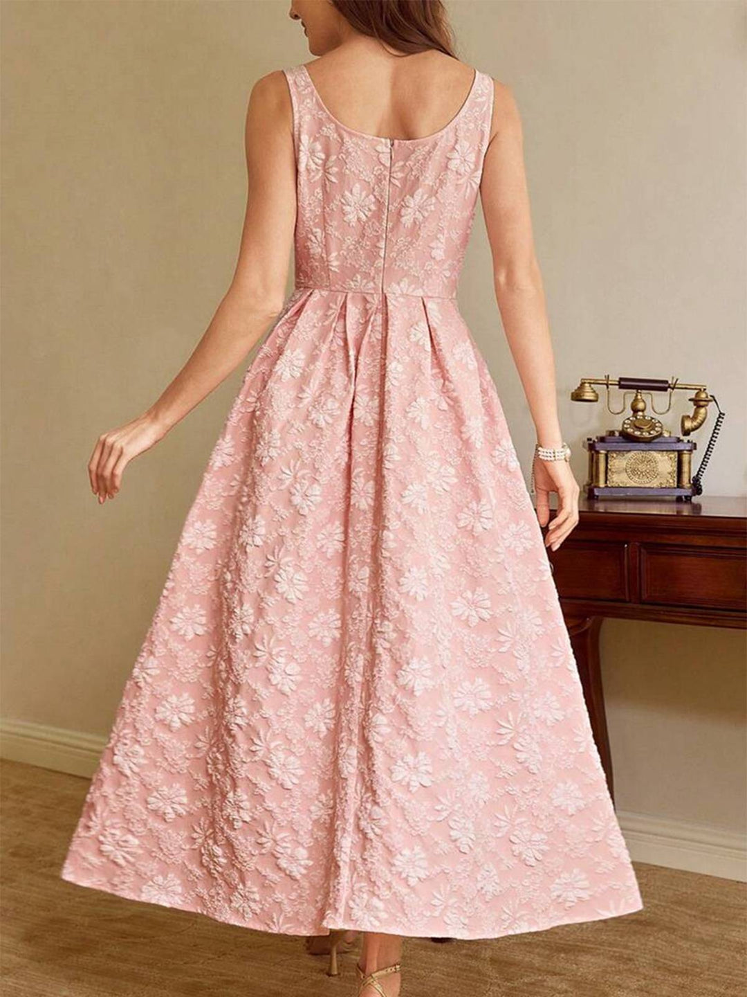 Pink 1930s Floral Jacquard Sleeveless Maxi Dress - vintage dress, retro fashion, rockabilly