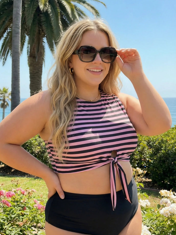 [plus Size] Pink&amp; Black Striped Swimsuit