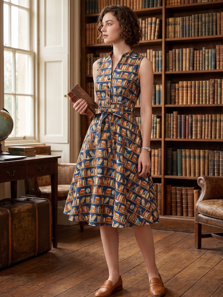 Owl Bookshelf Print Stand Collar Dress