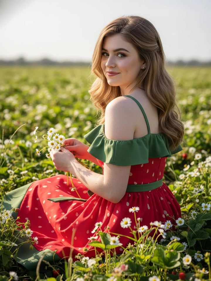 Red Strawberry Ruffle Belt Dress 3:4 primary image