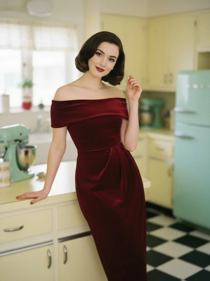 Solid Velvet Off-shoulder Midi Dress 3:4 primary image