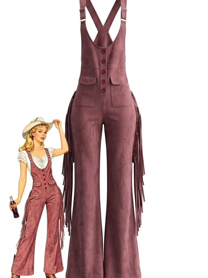 Western Fringe Strap Flared Suede Jumpsuit 3:4 primary image