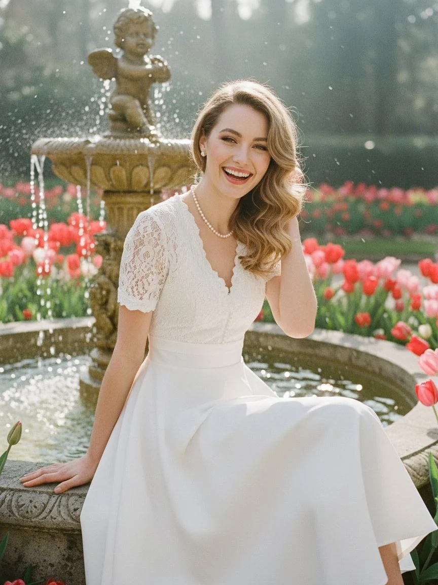 White V-neck Lace Patchwork Dress 3:4 primary image