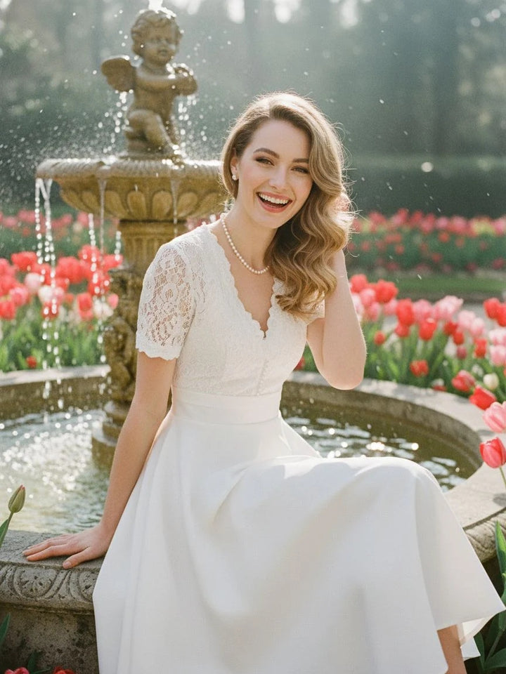 White V-neck Lace Patchwork Dress 3:4 primary image